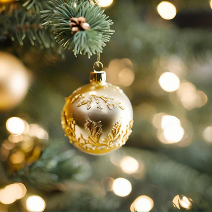SeasonalA golden ornament with intricate patterns hangs on a pine branch of a Christmas tree, surrounded by blurred twinkling lights, creating a festive ambiance.