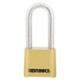 Brinks Commercial 50mm Commercial Brass 4-Dial Resettable Combination Lock with 2 3/8” Shackle Clearance - Brass Plated with Chrome Plated Boron Steel Shackle